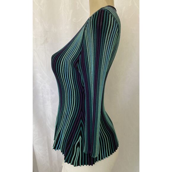 St John Ribbed Knit Peplum Sweater Top Striped 3/4 Sleeve Zip Front Blue… - Picture 3 of 9